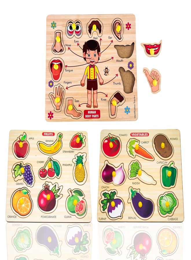 BuGBee Toys Wooden Peg Puzzle Set for Kids | Fruits, Vegetables & Human Body Parts Learning Boards | Fruit Board for Kids | Montessori Educational Puzzles | Pack of 3 | Medium Size (FV BP) - Image 1